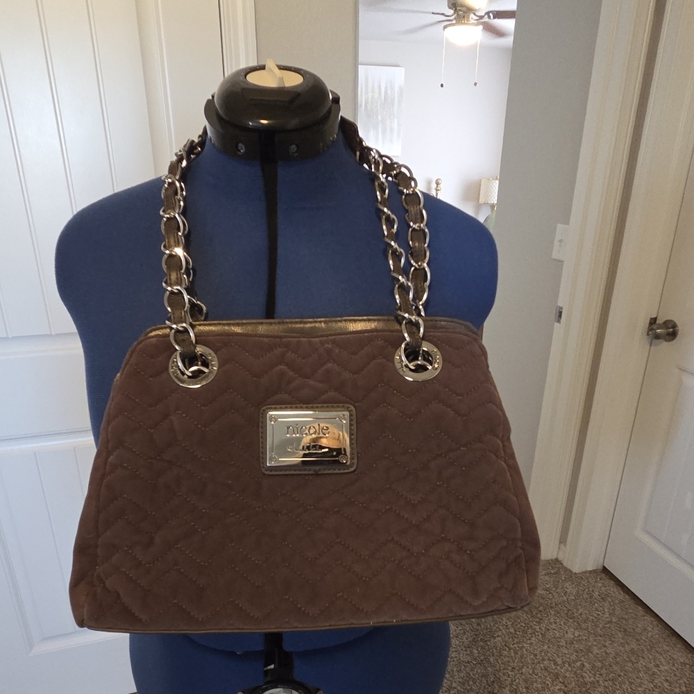 Nicole Miller Quilted Dark Gray Shoulder Bag with Chain Straps